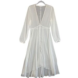 Express x Rocky Barnes White Clip Dot V-Neck Button Front Midi Dress Womens M
